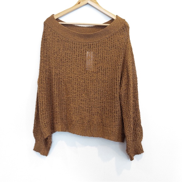 JLUXLABEL Light Brown Open Weave Off the Shoulder Sweater Size Medium Large - Picture 3 of 9